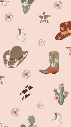 a pink background with cowboy hats and cactuses on it's sides, including stars