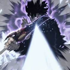 an anime character with his arms outstretched in front of a white light and purple background