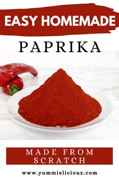 homemade paprka made from scratch on a white plate with red peppers in the background