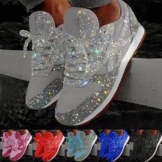 Category:Trainers Athletic Shoes; Upper Materials:Mesh; Embellishment:Sequin; Season:Fall,Spring; Heel Type:Flat Heel; Actual Heel Height:2.36; Gender:Women's; Activity:Walking Shoes,Tennis Shoes; Toe Shape:Round Toe; Style:Casual,Sporty; Heel Height(inch):1-2; Occasion:Outdoor,Daily; Closure Type:Lace-up; Pattern:Color Block,Solid Colored; Shipping Weight:0.557; Listing Date:08/09/2019; 2022 Trends:Bling Bling Sneakers,Sequins,Sparkling Shoes,Fantasy Shoes,Silver; Foot Length:; Size chart date Casual Tennis Shoes, Mode Rose, Ankle Sneakers, Casual Slip On Shoes, Sparkle Shoes, Woven Shoes, Bling Shoes