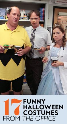 three people dressed up as characters from the office standing in front of a bookcase with text that reads funny halloween costumes from the office