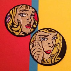 two patches depicting the face of a woman talking on a cell phone, one with her hand to her ear