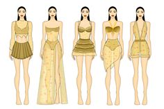 four different types of dresses on mannequins, one in yellow and the other in brown