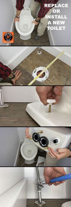 three pictures showing how to install a toilet in a bathroom with the help of a plumber