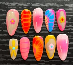 SEND ME A PIC OF YOUR DREAM NAIL SET! I will recreate them (: Hand painted custom press ons! I have lots of sets I'd like to do if you want a surprise set, or send me your own inspo! Nail Design Colorful, Bright Cruise Nails, Chunky Nail Art, Press On Ideas, Gemstone Nail Designs, Short Press Ons, Custom Press Ons, Nail Art Trendy, Quirky Nail Designs