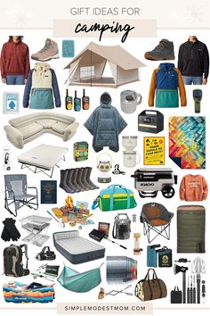 a collage of camping items with the words gift ideas for camping written below it