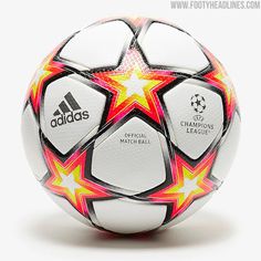 the adidas official match ball is shown in red, white and yellow flamestart