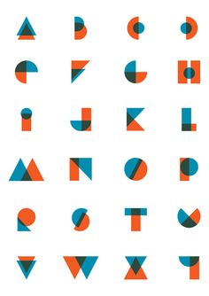 an abstract set of geometric shapes in orange, blue and green on a white background