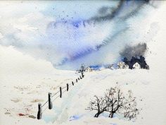 a watercolor painting of a snowy landscape