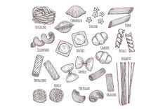 an illustration of different types of pasta and other food items on a white paper background