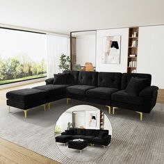 a living room with a large sectional couch