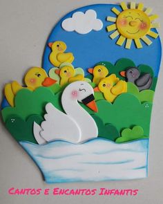 an image of a duck and ducks in the water with sun behind it on a wall