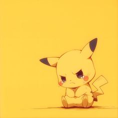 a little pikachu sitting on the ground in front of a yellow background