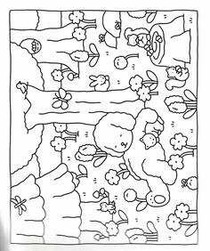 a coloring page with sheep and birds