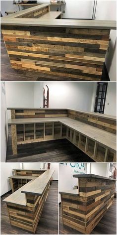 several different pictures of a counter made out of pallets