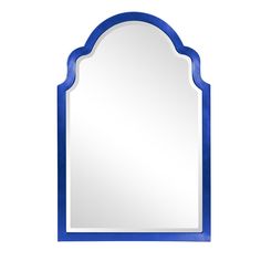 a mirror that is blue and white with an arch shaped design on the front side