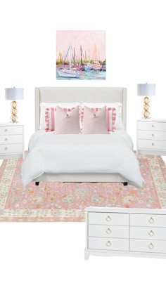 a white bed sitting next to two nightstands on top of a pink and white rug