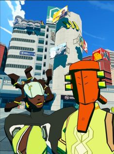 an animated image of two people standing in front of some buildings