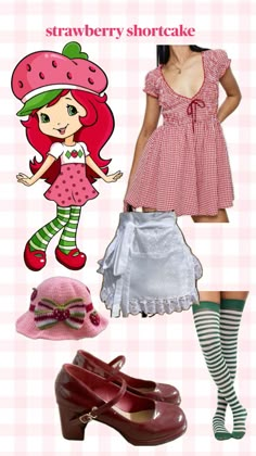 strawberry shortcake outfit for girls with matching shoes and hat on the bottom right hand side