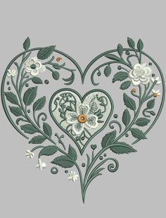 a heart with flowers and leaves in the center on a gray background, embroidery design