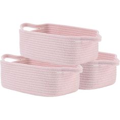 three pink storage baskets with handles on each side and two smaller ones in the middle