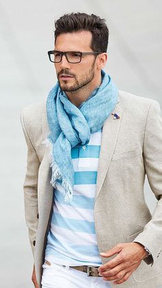 Smart casual in pale blue and white #mens #fashion #scarf Adam Cowie, Beach Wedding Outfit, Perfect Gentleman, Handsome Celebrities, Men's Scarf, Spring Wear, Business Style, Mode Casual, Man Fashion