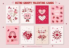 valentine's day cards with hearts, flowers and other things in them on pink background