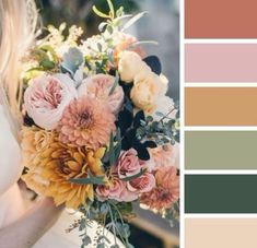 a woman holding a bouquet of flowers in front of a color palette with different shades