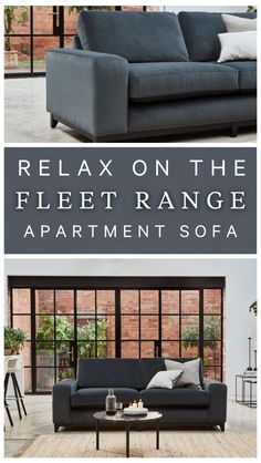 two different couches with the text relax on the fleett range apartment sofa