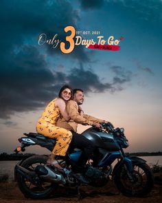 a man and woman riding on the back of a motorcycle under a cloudy blue sky