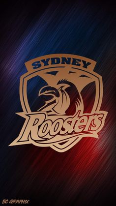 the sydney roosters logo is shown on a dark background with red and blue streaks