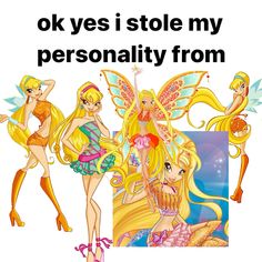 three cartoon girls with blonde hair and one is wearing a pink dress, the other has yellow