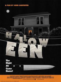 a movie poster for halloween with a knife hanging from a clothes line and the house in the background