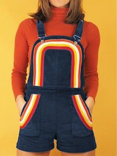 70 Outfits, Cute Overalls, Pocket Jumpsuit, Quirky Fashion, Jumpsuit Online, Rainbow Print, 인물 사진, Unique Designers, 70s Fashion