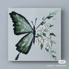 a painting of a green butterfly with white flowers