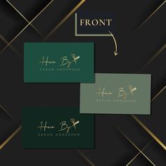 three business cards with gold foil on them and the words front, back, and top