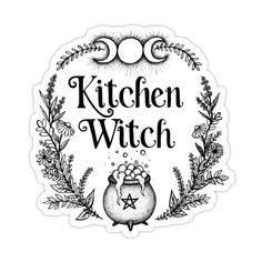 the kitchen witch sticker is shown in black and white