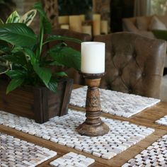 a candle sits on a table next to a potted plant in a living room