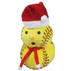 a yellow stuffed animal with a red hat and baseball mitt on it's head