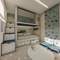 a bedroom with bunk beds and climbing wall in the corner is furnished with star shaped rugs