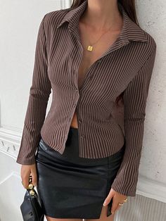 1pc Women Striped Long Sleeve Button Up Casual Work Shirt For Autumn,Long Sleeve Tops Brown Casual  Long Sleeve Woven Fabric Plain,Striped Shirt Non-Stretch  Women Clothing, size features are:Bust: ,Length: ,Sleeve Length: Striped Shirt Outfit, Outfits With Striped Shirts, Holiday Fits, Women Long Sleeve Tops, Work Shirt, Casual Work, Work Shirts, Work Outfits, Straight Pants