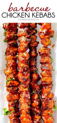 barbecue chicken kebabs on a white platter with text overlay that reads, barbecue chicken kebabs