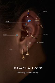 a woman's ear is shown with the names of different piercings on it