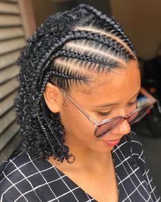 Curly Bob with Half Up Braids Half Cornrow Half Curly Hair, Half Cornrows Half Box Braids, Braids In The Front Natural Hair, Curled Hair With Braid, Half Cornrows, Dutch Braid Ponytail, Micro Braids Hairstyles, Bob Braids Hairstyles, Curly Lob