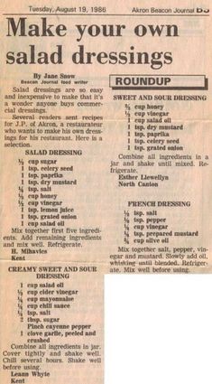 a newspaper clipping with the words make your own salad dressings and roundup