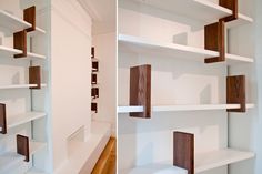 two pictures of white shelves with wood trims in the same room, one is empty and the other has open shelving