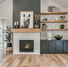 a living room filled with furniture and a fire place in front of a wall mounted fireplace