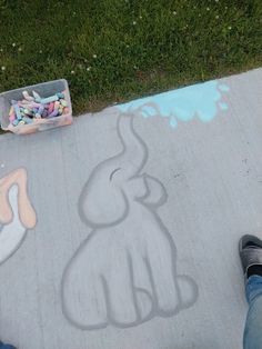 someone is drawing an elephant on the sidewalk with chalk and crayon pencils