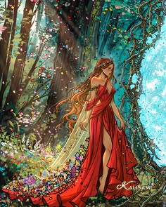 a woman in a red dress standing next to a tree with butterflies flying around her