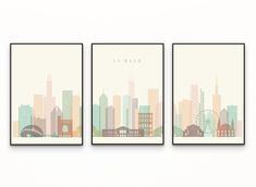 three cityscapes are shown with the word chicago on them in pastel colors